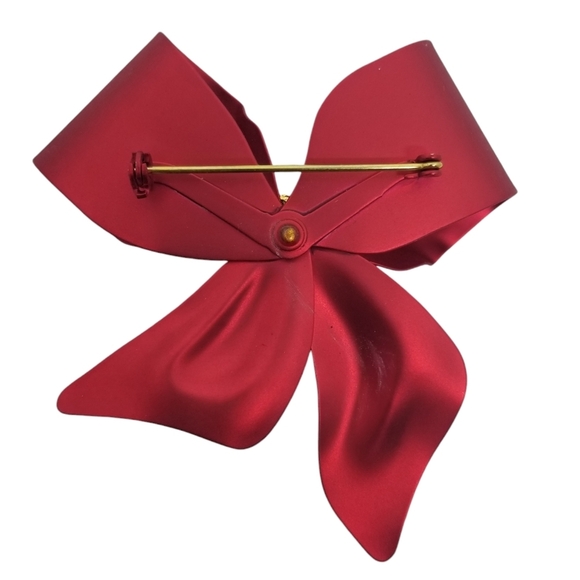 VINTAGE CHRISTMAS SATIN RED & GOLD RIBBON BOW BROOCH - Picture 3 of 4